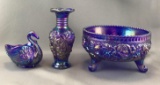 Group of 3 : Imperial Blue Carnival Glass Bowl, Vase and Swan
