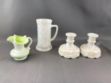Group of 4 : Vintage Carnival Glass Mug, Pitcher, and Candle Holders