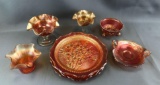 Group of 9 : Vintage Marigold Carnival Glass Plates, Compote, and Dish