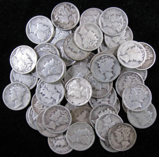 Lot of (50) Mixed Date Mercury Dimes.