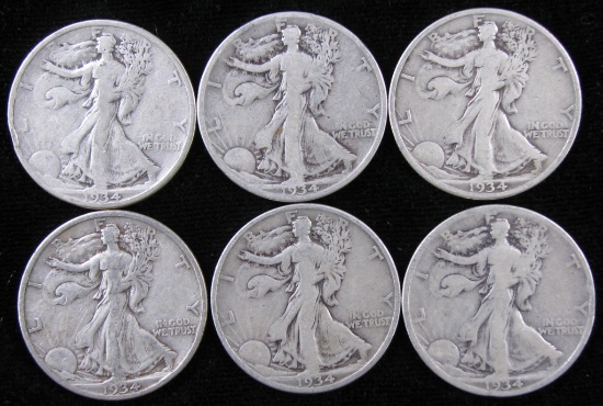 Lot of (6) 1934 Walking Liberty Half Dollars.