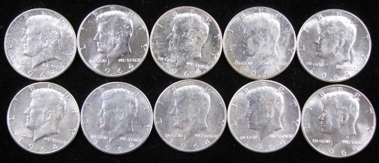 Lot of (10) 1964 Kennedy Half Dollars 90% Silver.