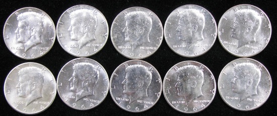 Lot of (10) 1964 Kennedy Half Dollars 90% Silver.