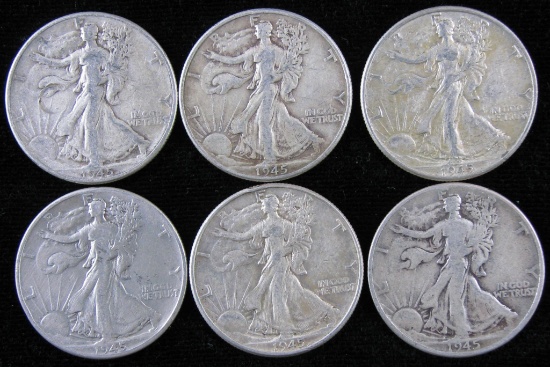 Lot of (6) 1945 Walking Liberty Half Dollars.