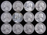 Lot of (12) Mixed Date Washington Quarters 90% Silver.