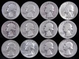 Lot of (12) Mixed Date Washington Quarters 90% Silver.