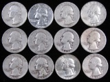 Lot of (12) Mixed Date Washington Quarters 90% Silver.