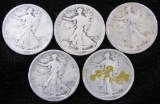 Lot of (5) 1917 S Walking Liberty Half Dollars.