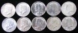 Lot of (10) 1964 D Kennedy Half Dollars 90% Silver.