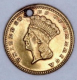 1872 Type 3 $1 Indian Princess Gold cleaned holed.