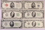 Lot of (6) U.S. Currency. Silver Certificates, Legal Tender & FRN. $60 FV.