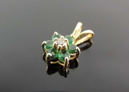 14k Yellow Gold Emerald and Diamond Pendant