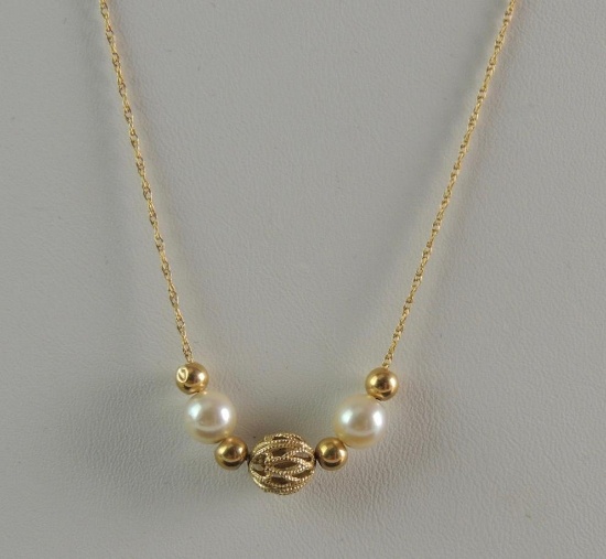 14k Yellow Gold Necklace with Pearls and Gold Beads