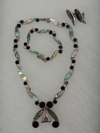 Sterling Silver Mexico Abalone and Onyx Set