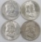 Lot of (4) Franklin Half Dollars includes (2) 1949 P, 1952 D & 1952 S.