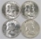 Lot of (4) Franklin Half Dollars includes 1954 P, 1957 D, 1958 D, 1961 P.