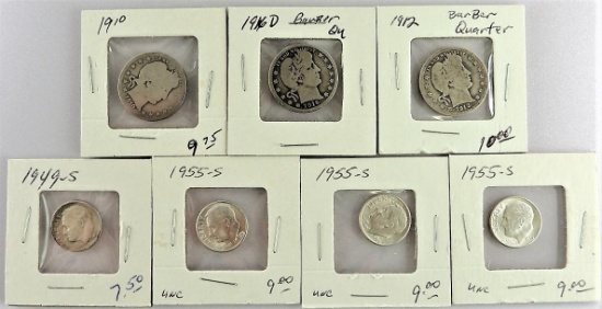 Misc Silver Lot includes (3) Barber Quarters & (4) Roosevelt Dimes.