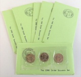 Lot of (6) 1980 P, D & S Unc. Susan B. Anthony Dollar Souvenir Sets 3-Coins per Green Envelope.