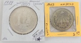 Lot of (2) Mexico Silver Coins incldes 1943 Peso & 1979 Onza Scales.?