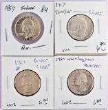 Lot of (4) Washington Silver Quarters includes (2) 1957 & (2) 1964.