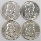 Lot of (4) Franklin Half Dollars includes 1956 P, 1957 D, 1958 D & 1959 P.