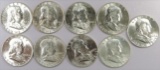 Lot of (9) Unc. Franklin Half Dollars 90% Silver mixed dates.