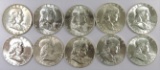 Lot of (10) Unc. Franklin Half Dollars 90% Silver mixed dates.