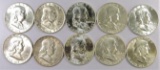 Lot of (10) Unc. Franklin Half Dollars 90% Silver mixed dates.