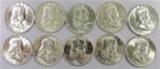 Lot of (10) Unc. Franklin Half Dollars 90% Silver mixed dates.
