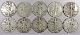 Lot of (10) Walking Liberty Half Dollars 90% Silver mixed dates.