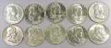 Lot of (10) Unc. Franklin Half Dollars 90% Silver mixed dates.