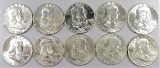 Lot of (10) Unc. Franklin Half Dollars 90% Silver mixed dates.