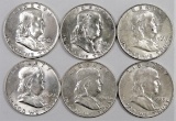 Lot of (6) Franklin Half Dollars includes (2) 1958 D, 1961 D, 1962 D & (2) 1963 D.
