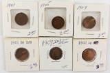 Lot of (6) Indian Head Cents 1901-1909.