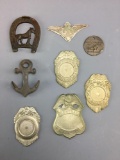 Group of 8 vintage badges and more
