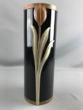 Vintage Ebony Vase with Brass Accents and Floral Design