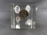 Lucite Cube Paperweight with Coins