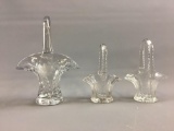 Group of 3 Clear Glass Etched Floral Baskets