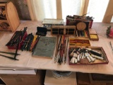 Large group of artist supplies pens brushes pencils chalk etc.