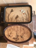 Group of two vintage serving trays with butterflies and dragonflies