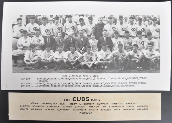 Photograph of the 1929 Chicago Cubs and 1935 Roster Card