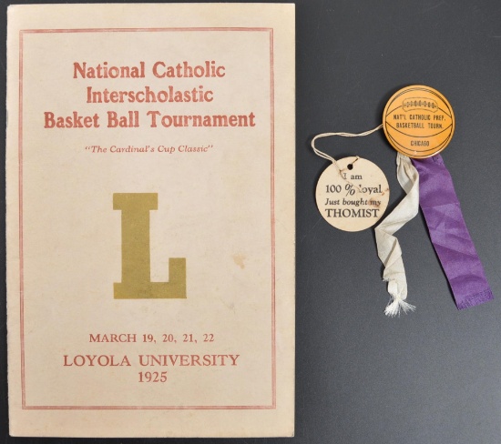 1925 National Catholic Interscholastic Basketball Tournament Program and Pinback with Ribbon