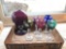 Group of colored cut to clear glass goblets and other