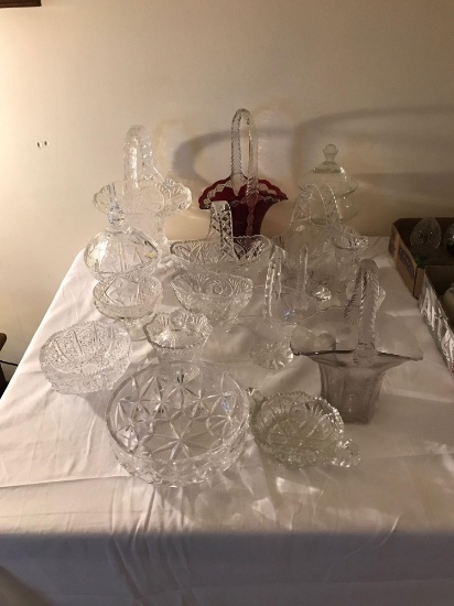 Large group of clear pressed glass items