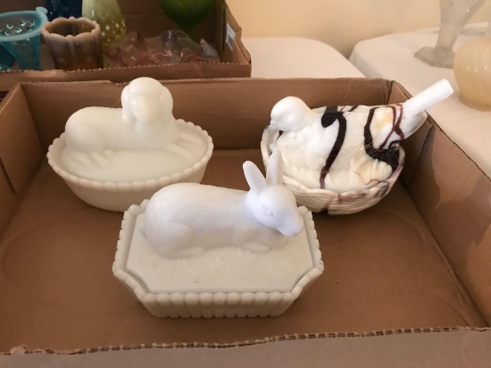 Group of three milk glass nesting animal dishes