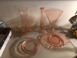 Group of pink Depression glass items