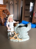 Antique porcelain toothpick holder featuring little girl and turkey