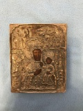 Polish Icon Virgin Mary and baby Jesus tin on wood plaque