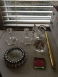 Group of clear lead crystal candlestick holders and more