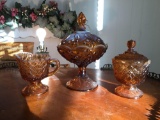 Group of 3 amber glass opalescent Cream, sugar and compote